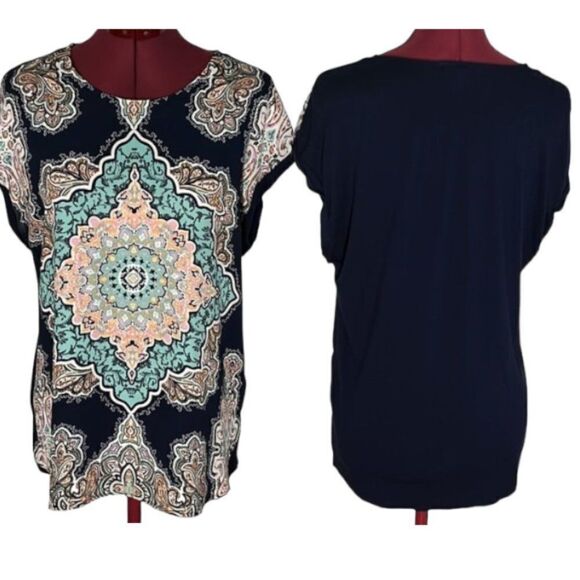 DR2 Women's Mixed Print Boho Short Sleeve Blouse Size Medium - Picture 1 of 10